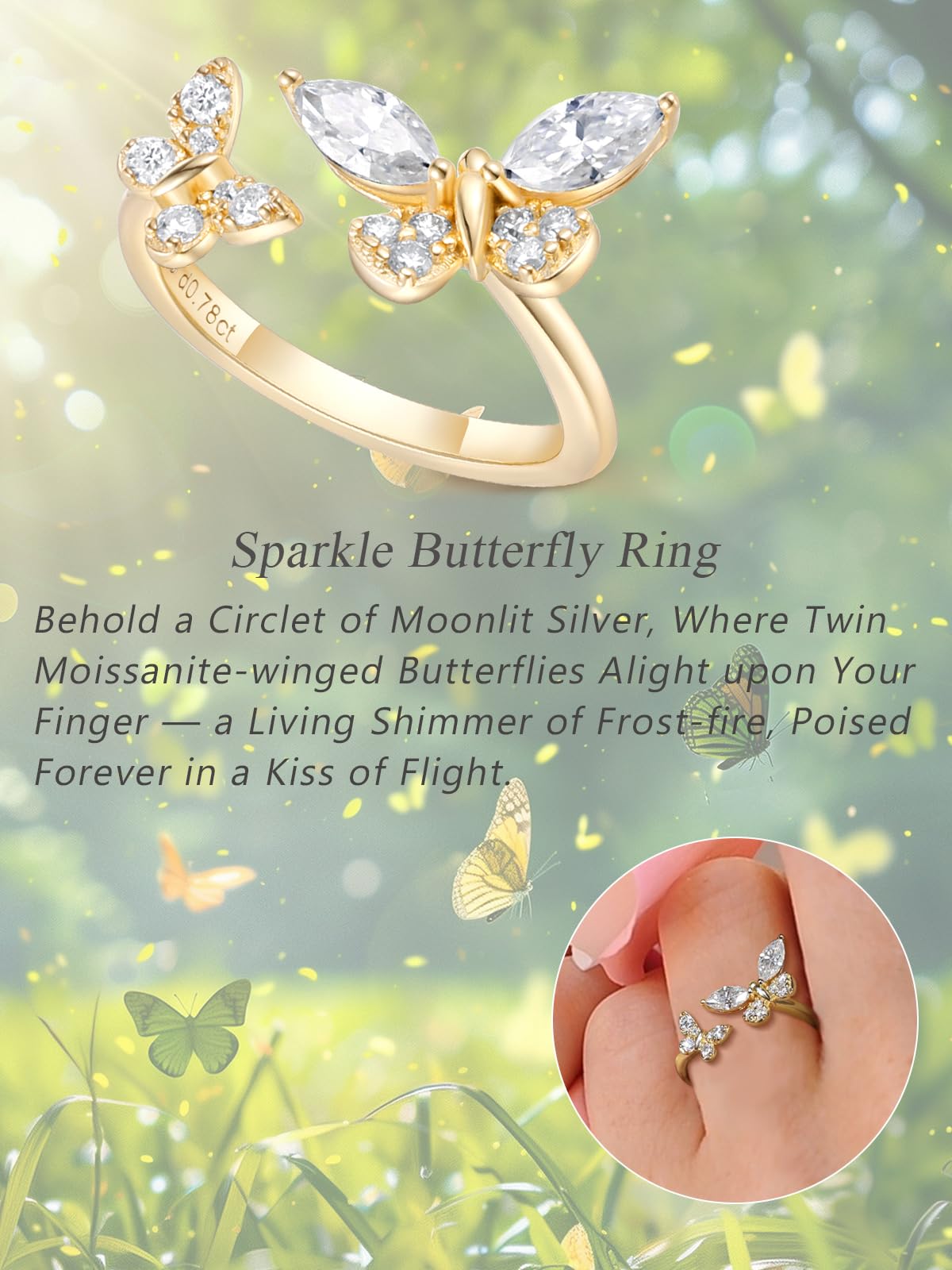 CYW Moissanite Butterfly Gold Ring 925 Sterling Silver Adjustable Womens Stacking Open Rings Size 9