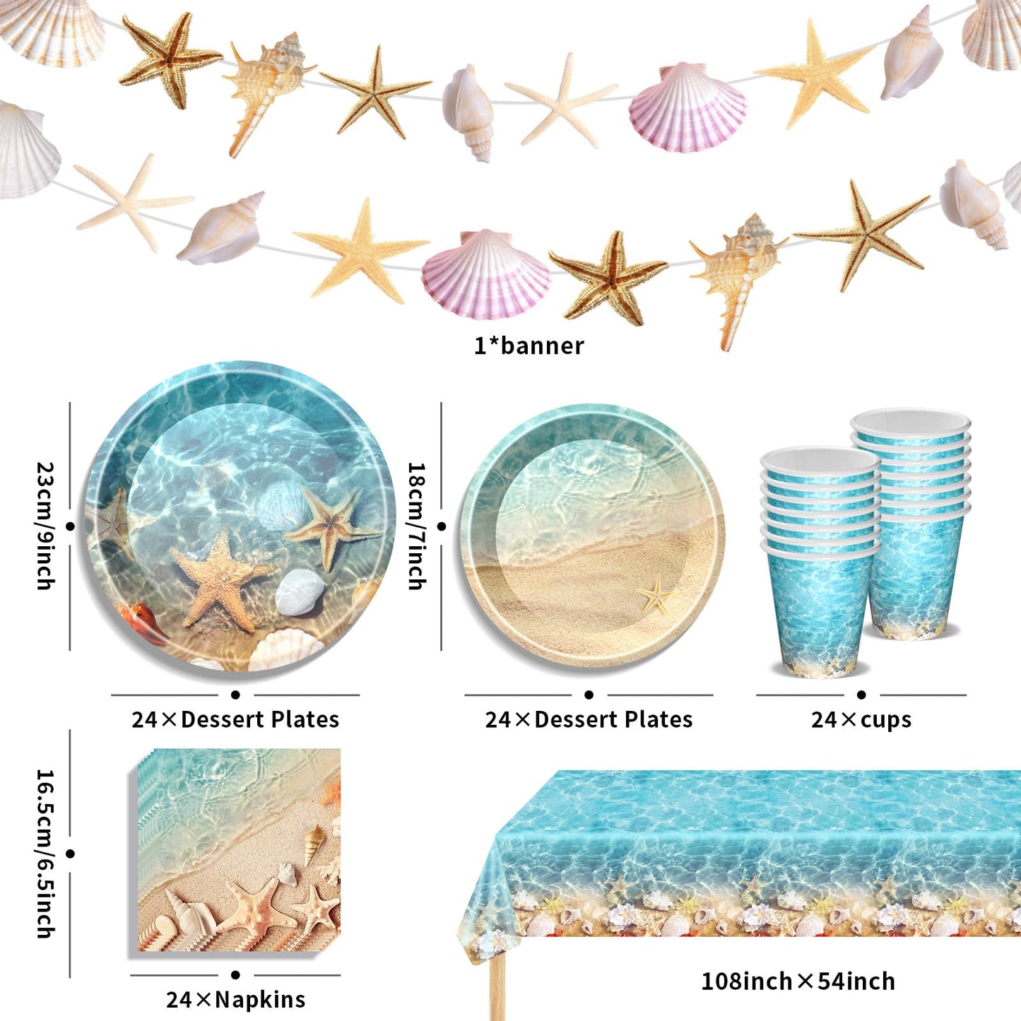 Seashell Party Supplies Ocean Beach Party Supplies Tableware with Seashell Beach Paper Plates Napkins Cups Tablecloth Banner for Summer Hawaiian Birthday Decorations, Serves 24