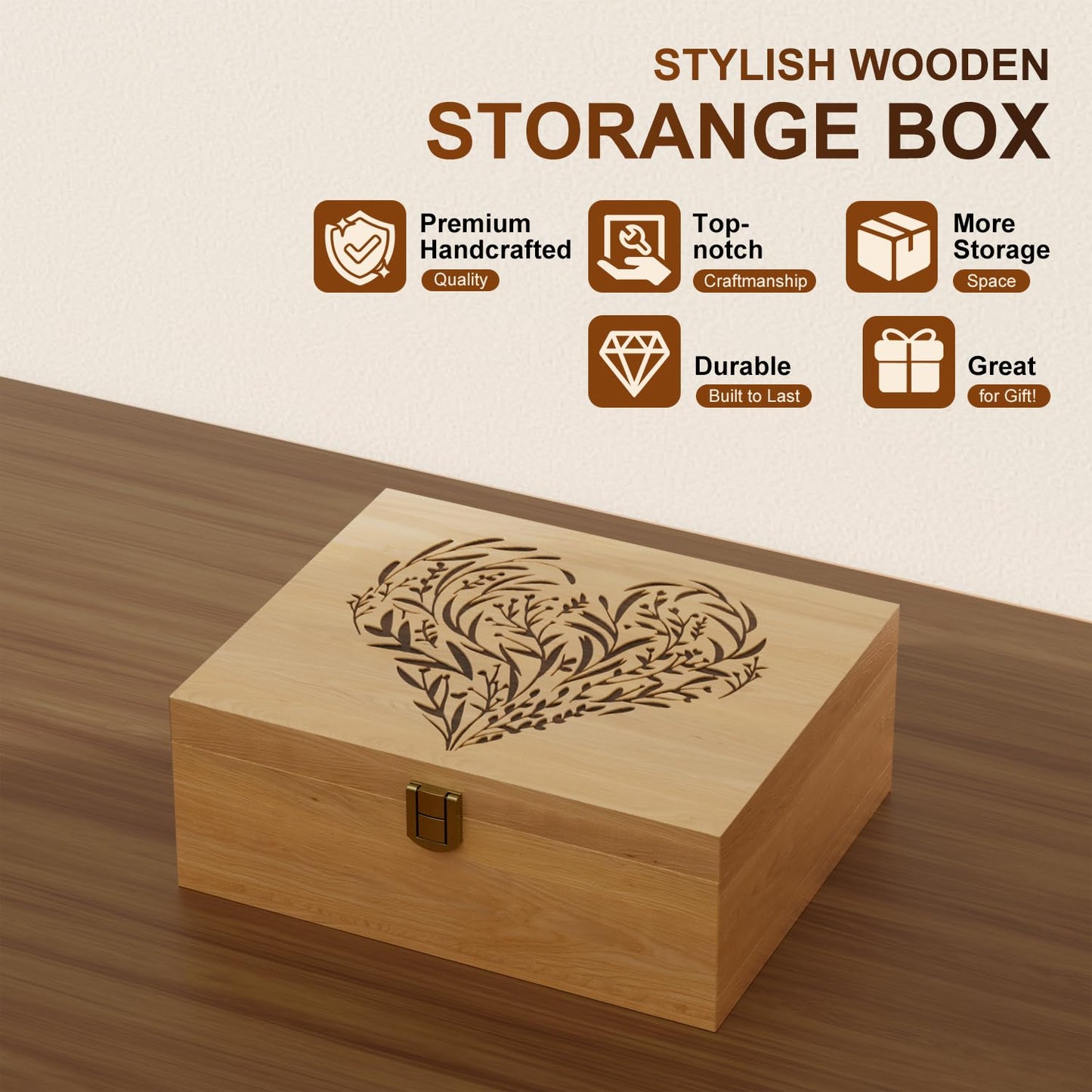 EDUROMI Memory Keepsake Wooden Box, Floral Heart Engraved Keepsake Boxes with Lids, Memory Box for Keepsakes for Anniversary, Wedding, Memory, Birthday, Valentines Day, Wood Box for Office or Home