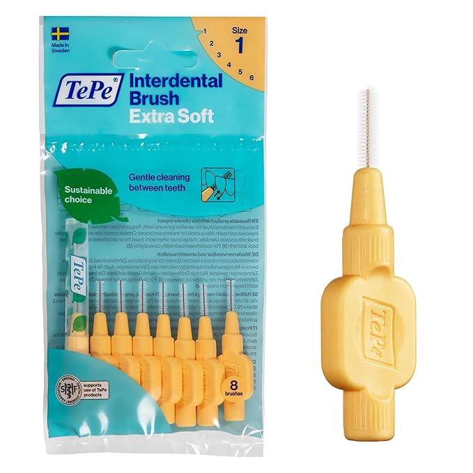 TePe Interdental Brush Extra Soft, Supersoft Dental Brush for Teeth Cleaning, Pack of 8, 0.45 mm, Extra-Small/Small Gaps, Orange, Size 1