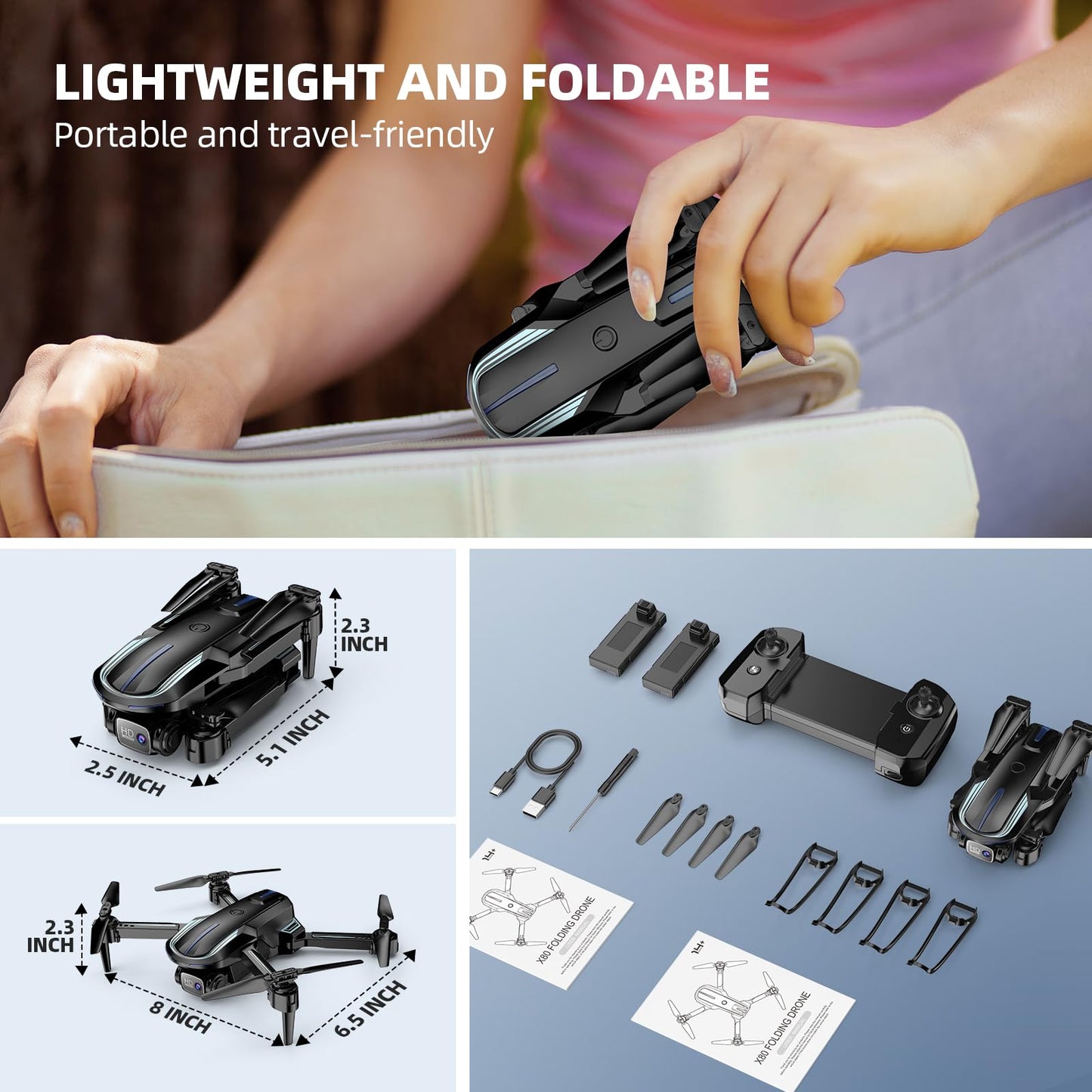 Drone with Camera for Adults Beginners Kids, Fun 1080P Foldable Mini Drone for Exciting Indoor Outdoor Play, RC Quadcopter with 2 Batteries, One Key Start, Easy to Fly, Altitude Hold, 3D Flips
