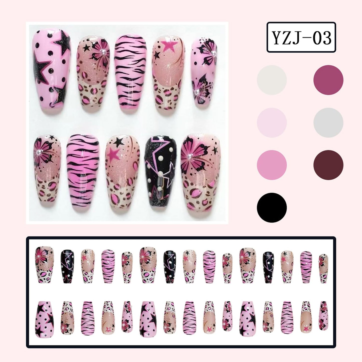 30Pcs Medium Press on Nails Square Fake Nails with 3D Pearl-decorated Y2K Style Five-Pointed Star Zebra Stripe Flower Design Glossy False Nails French Nail Tips Cute Stick on Nails for Women