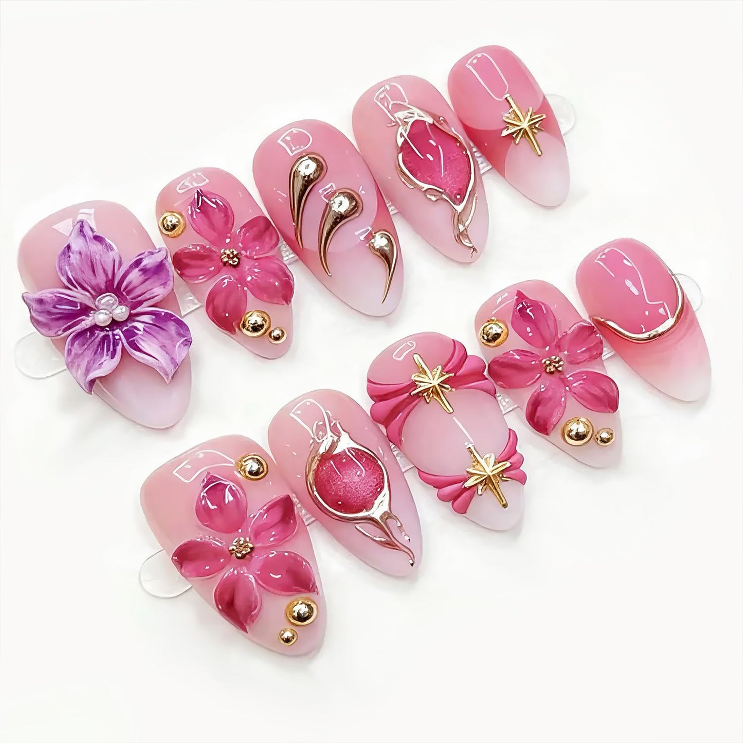 30Pcs Red Flower Press on Nails Medium Almond Fake Nails with 3D Star Rhinestones Design Gilding False Nails Pink Full Cover Artificial Glue on Nails Handmade Spring Stick on Nails for Women Manicure