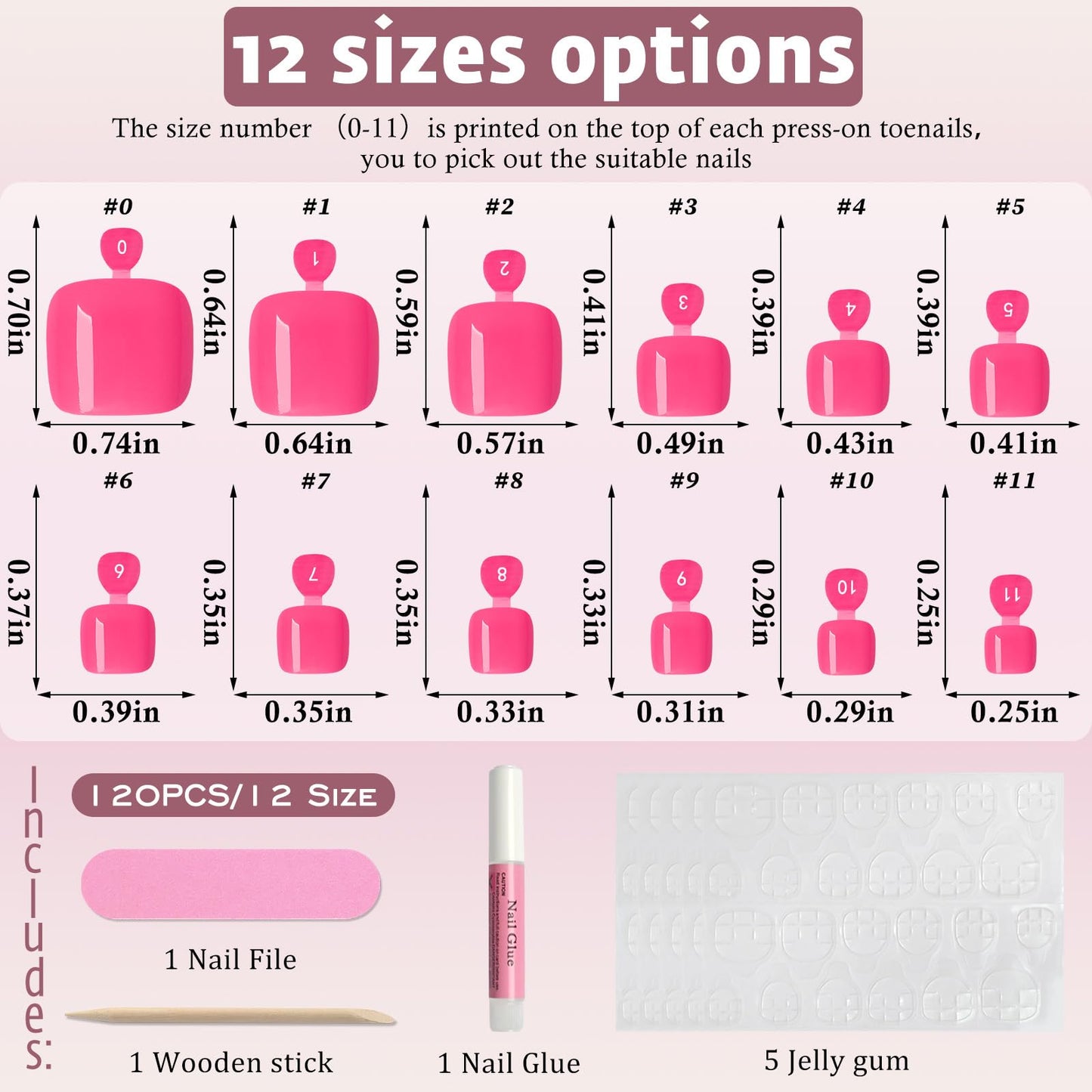 120pcs Hot Pink Press on Toenails for Women,Short Square Fake Toe Nails,12 Sizes False Toenails with Nail Glue and Adhesive Tabs