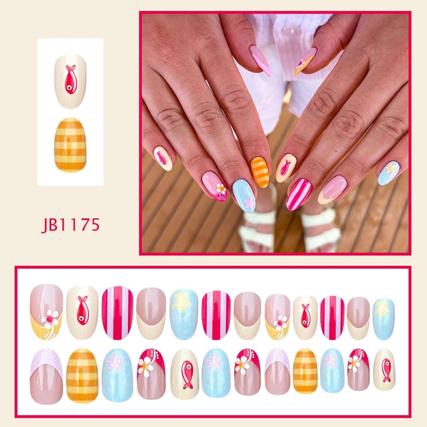 Flowers French Tip Press on Nails Medium Almond False Nails with Cute Little Fish Stripe Design Full Cover Glue on Nail Summer Reusable Acrylic Fake Nails Glossy Artificial Stick on Nail for Women