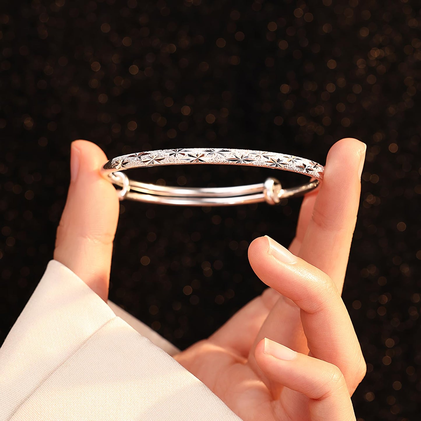 Handmade 925 Sterling Bangle Bracelet Dainty Silver Shining Stars Cuff Bangles for Women Adjustable Bangle Bracelet lucky Jewelry Birthday & Christmas Gifts