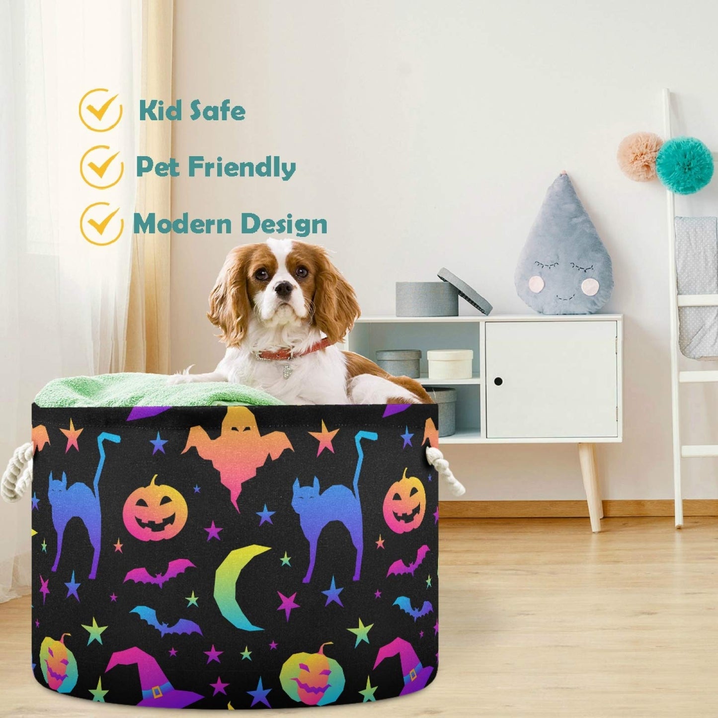 visesunny Halloween Pumpkin Cat Bat Ghost Witch Hat Collapsible Large Capacity Basket Storage Bin with Durable Cotton Handles, Home Organizer Solution for Office, Bedroom, Closet, Toys, Laundry