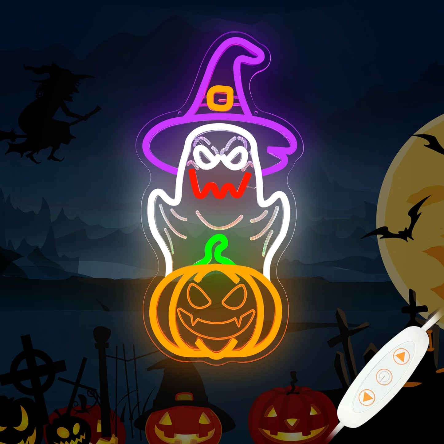 hhuohuona Halloween Neon Sign Dimmable Ghost Led Sign Halloween Ghosts With Witch Hat Neon Lights Jack-O'-Lantern Light Up Sign Spooky Boo Window Lights