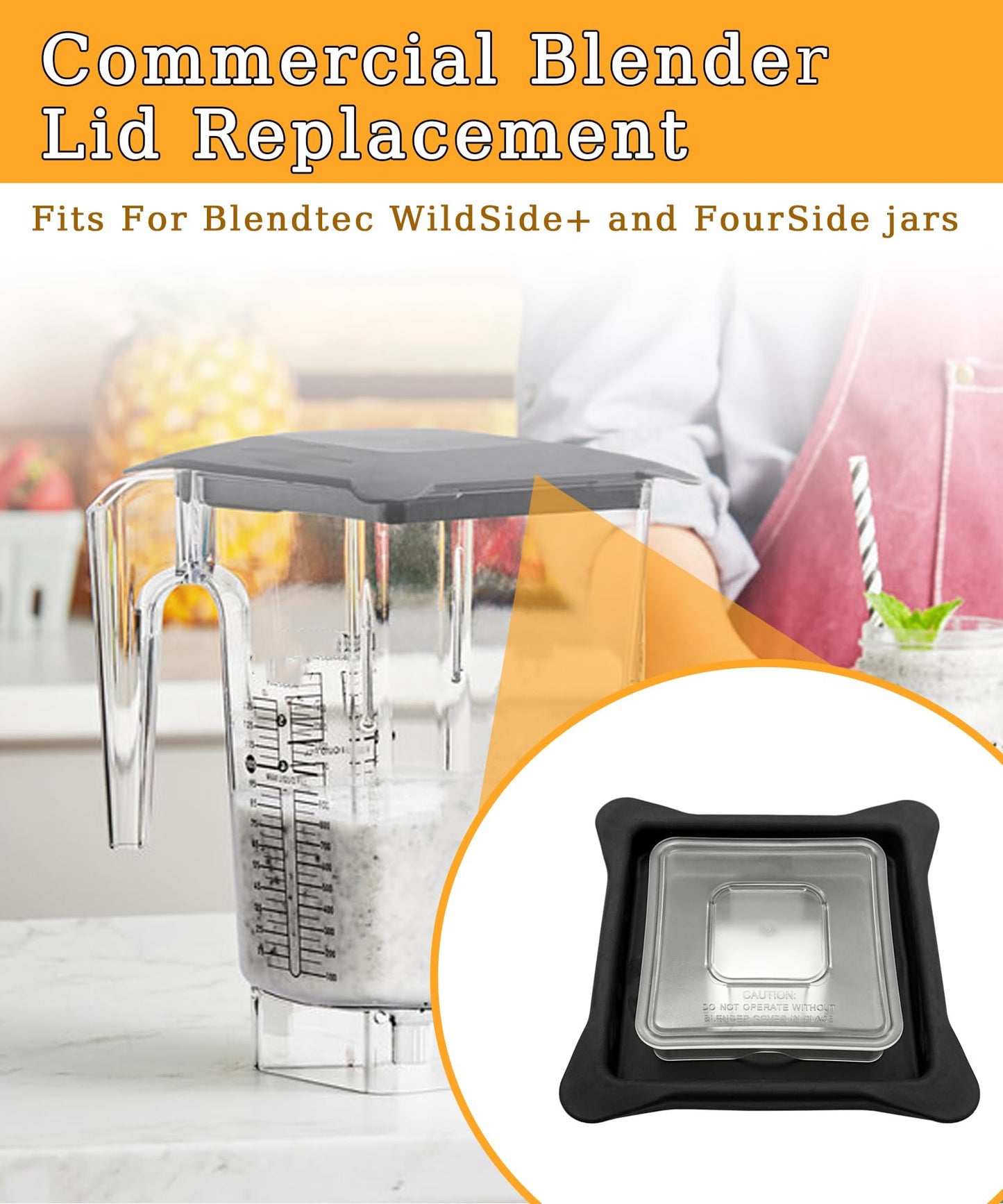 Blender Lid Replacement Fits For Blendtec Commercial Blender,Vented Gripper Lid Compatible with WildSide+ and FourSide jars,Blender Lids Top with Square Clear Plug