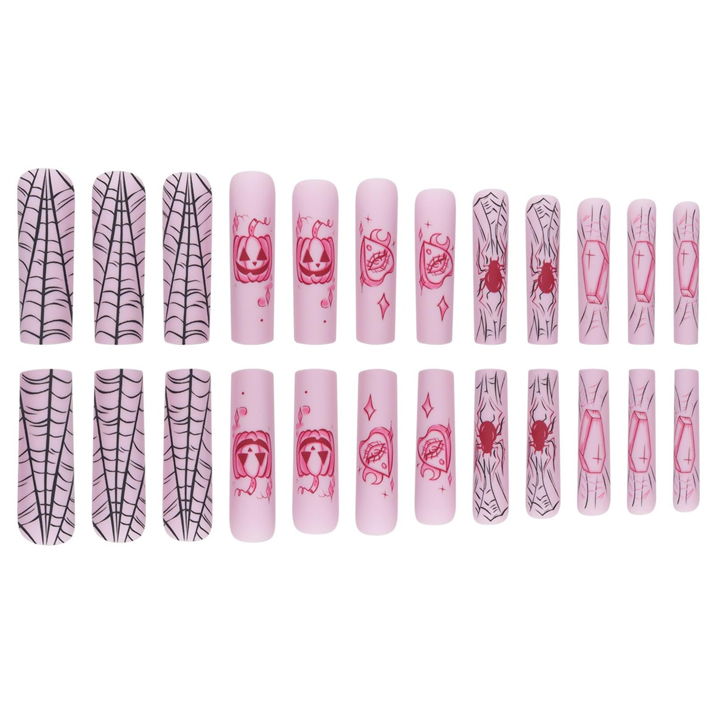 Press on Nails Extra Long - Aegenacess Square Press On Nails with Spooky Pumpkin Spider Web, Light Purple Matte Fake Nails with Glue Sticker, Handmade 24 pcs Stick On Nails False Nail in 12 Sizes