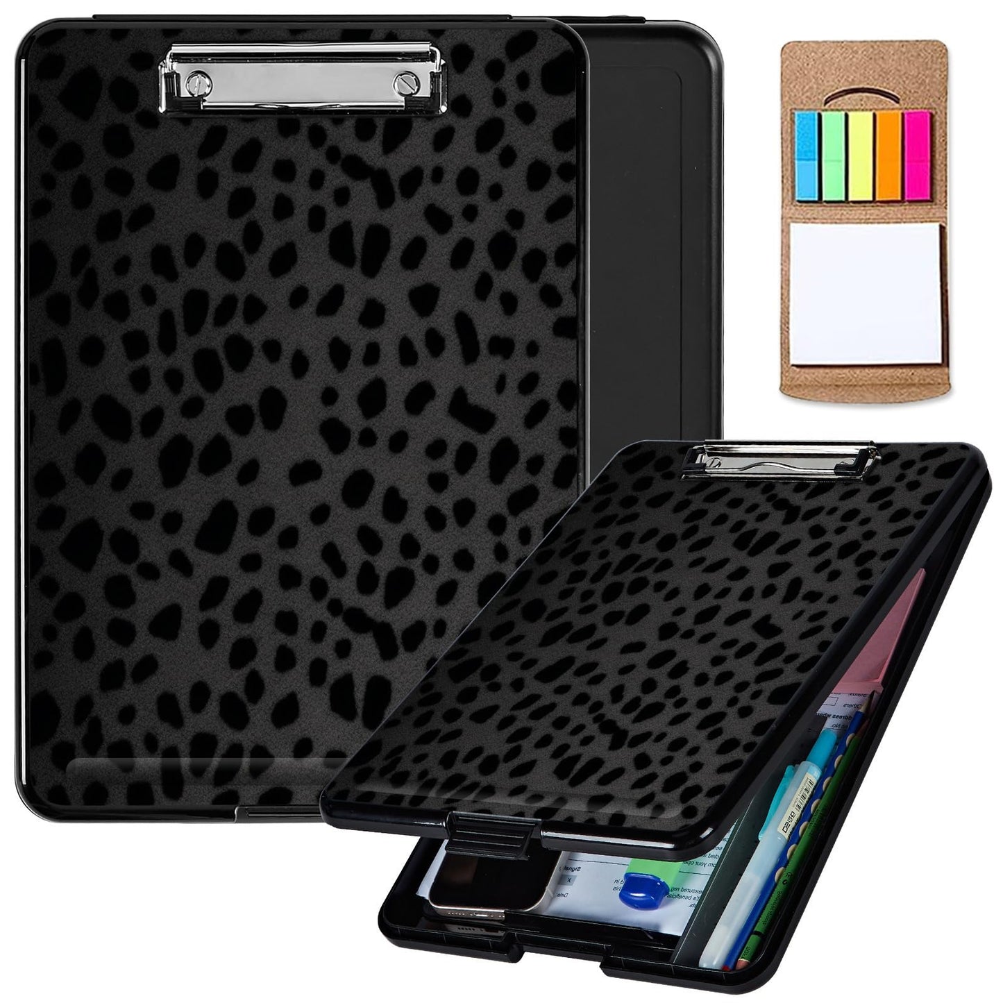 Clipboard with Storage,Plastic Storage Clipboard with Low Profile Clip, Heavy Duty Nursing Clipboards Foldable,Coaches Clipboard Case for Work, Teacher,Office School Supplies,Black Leopard Print