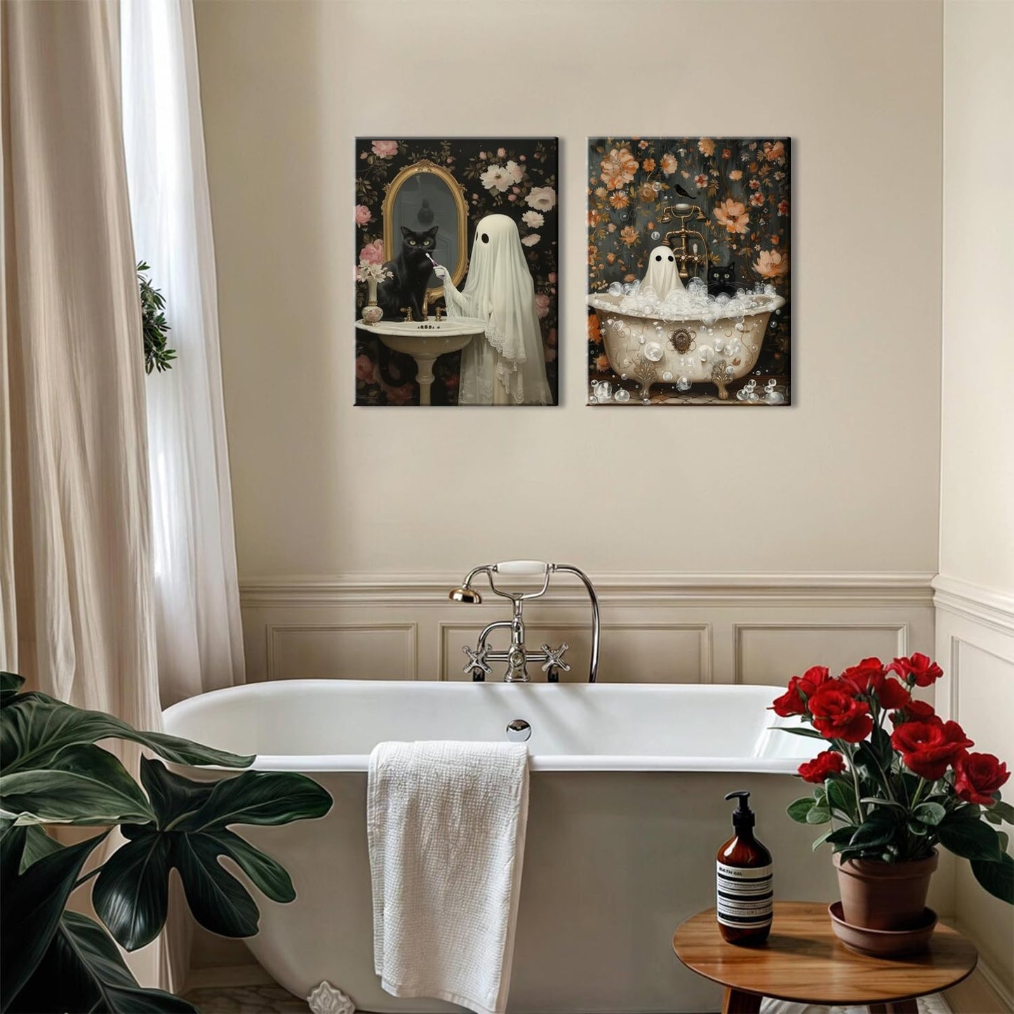 Halloween Ghost Bathroom Wall Art Set of 3, Funny Gothic Wall Decor Dark Academia Decor Pictures, Horror Ghost and Black Cat in Bathroom Poster Canvas Prints 12x16 inch Framed