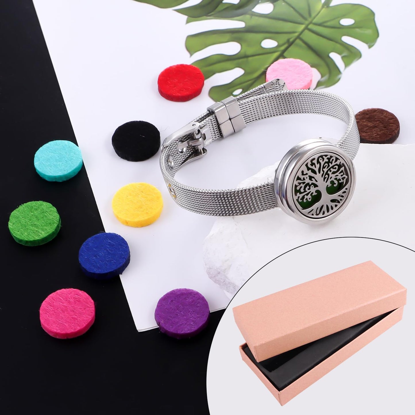 Essential Oil Diffuser Bracelet with Gift Box Aromatherapy Locket Adjustable Stainless Steel Tree of Life Watch Chain Bracelet with 10 Pcs Refill Pads for Women