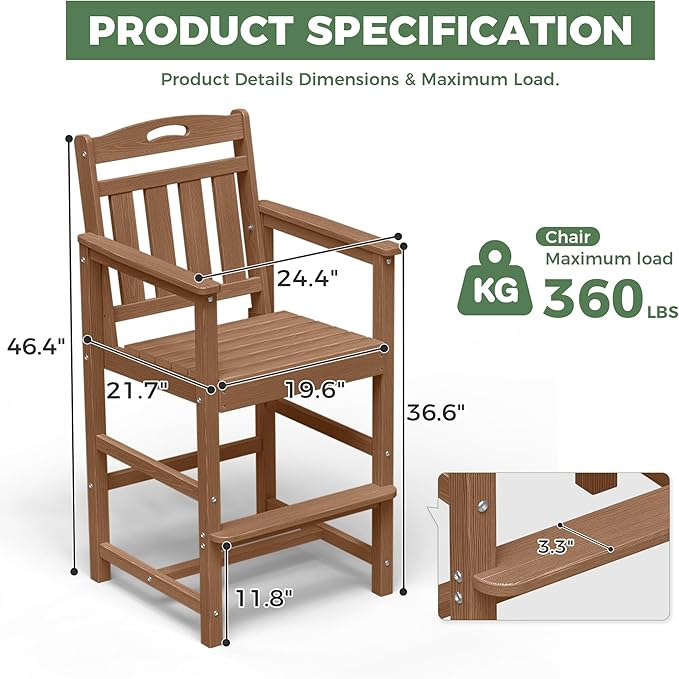HDPE Outdoor Patio Tall Adirondack Bar Chairs Set of 2, All-Weather Bar Height Balcony Adirondack Stools for Bistro, Garden, Backyard, Pool, Deck | Teak
