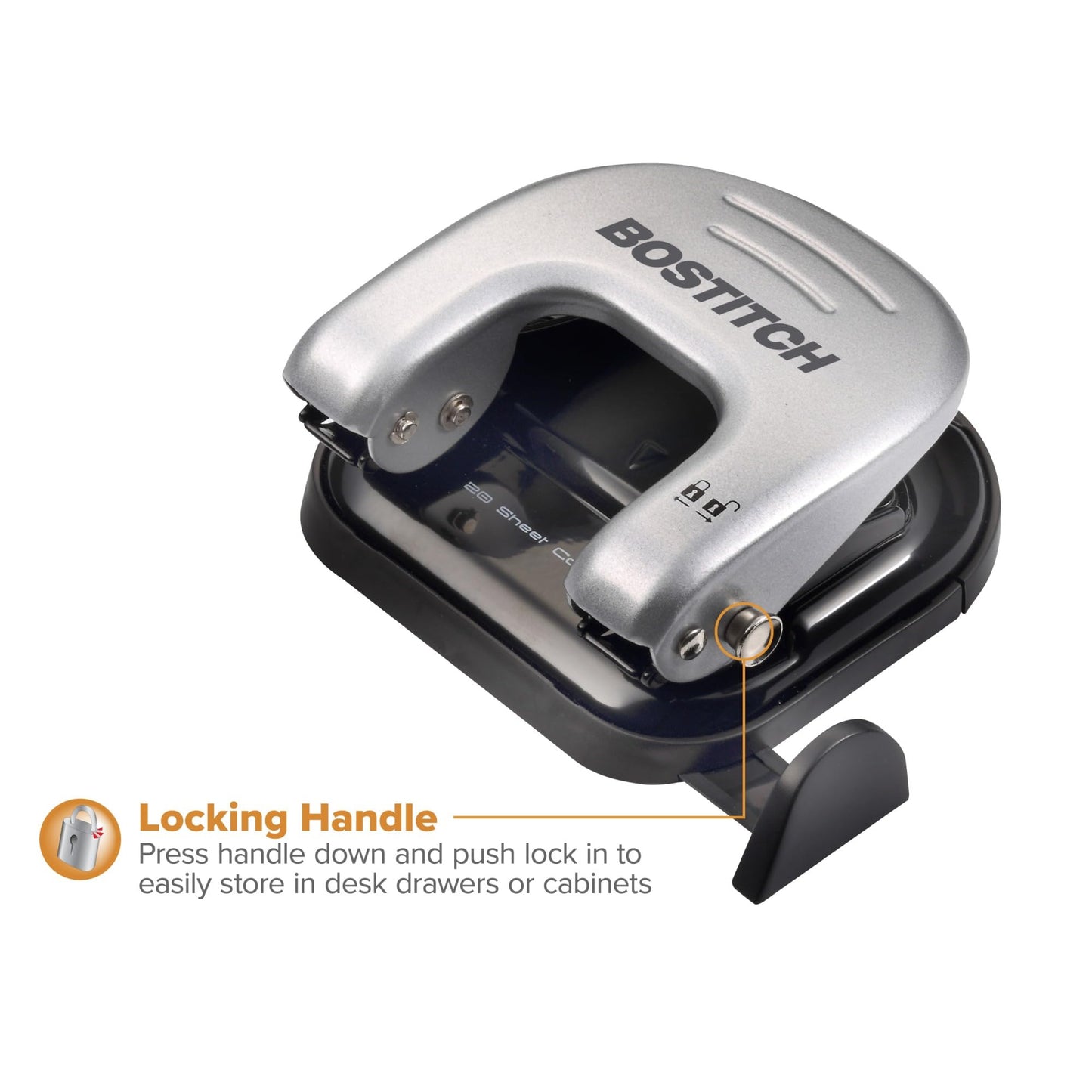 Bostitch Office EZ Squeeze Reduced Effort 2-Hole Punch, 2 Sheets, Locking Handle, Silver (231)