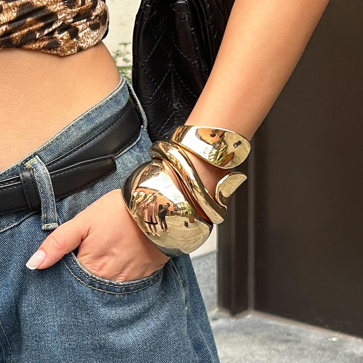 ALEXTINA 3Pcs Chunky Gold-Tone Bangle Bracelets for Women, Wide Polished Bracelets Set Minimalist Statement Bracelet Open Cuff Bracelets