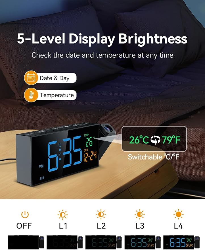 Netzu Projection Clock for Bedroom Ceiling, Digital Clocks with 180° Rotatable Projector, Date Temperature and Weekday Blue