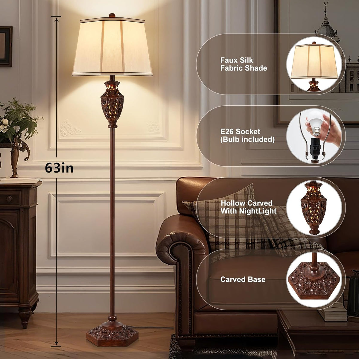 Luvkczc Vintage Floor Lamp - Brown Resin 6-Sided Carved Hollow Light Design, Mid-Century Modern Standing Lamp for Living Room, Bedroom, Study(Bulb Included)