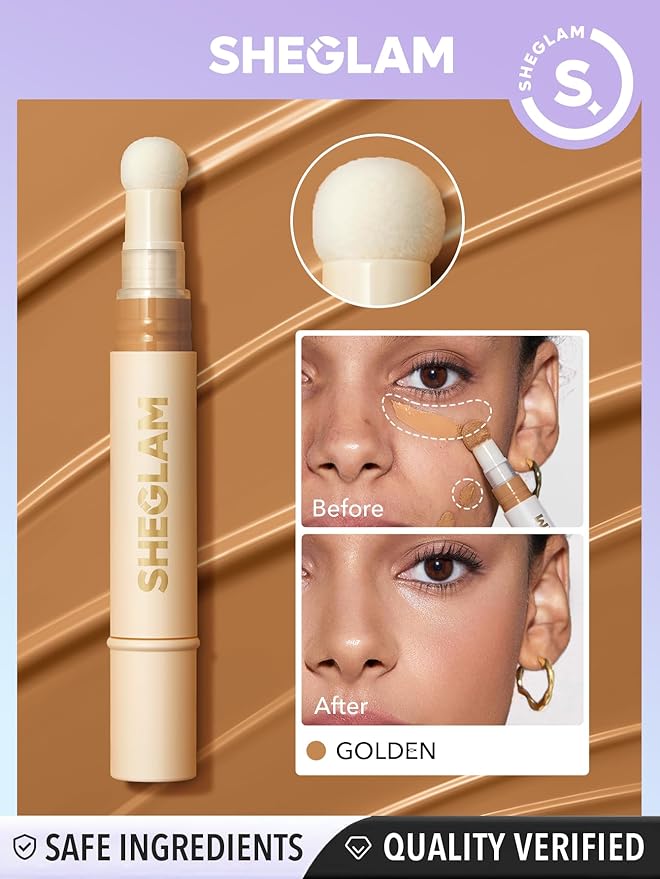 SHEGLAM Complexion Boost Concealer Sponge-Head Applicator Matte Liquid Concealer Long Lasting Brightening Color Corrector Weightless All-Day Long Lasting Hydrating Concealer-Golden