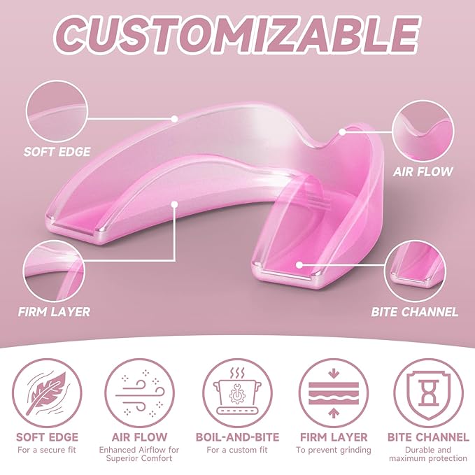 4 Pack Pink Mouth Guards for Women and Men, Large Size, Moldable Night Guards for Teeth Grinding and Clenching, Comfortable Bite Guards, Stylish Custom Dental Guards for Protection