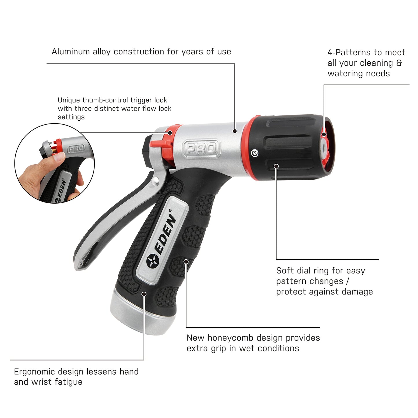 Redesigned Eden PRO 94844 Metal Rear-Trigger 4-Pattern Turbo Nozzle | Heavy-Duty Hose Sprayer for Garden, Lawn, Plants, Outdoor Cleaning, Durable Aluminum Core, Quick Connect Set Bundle