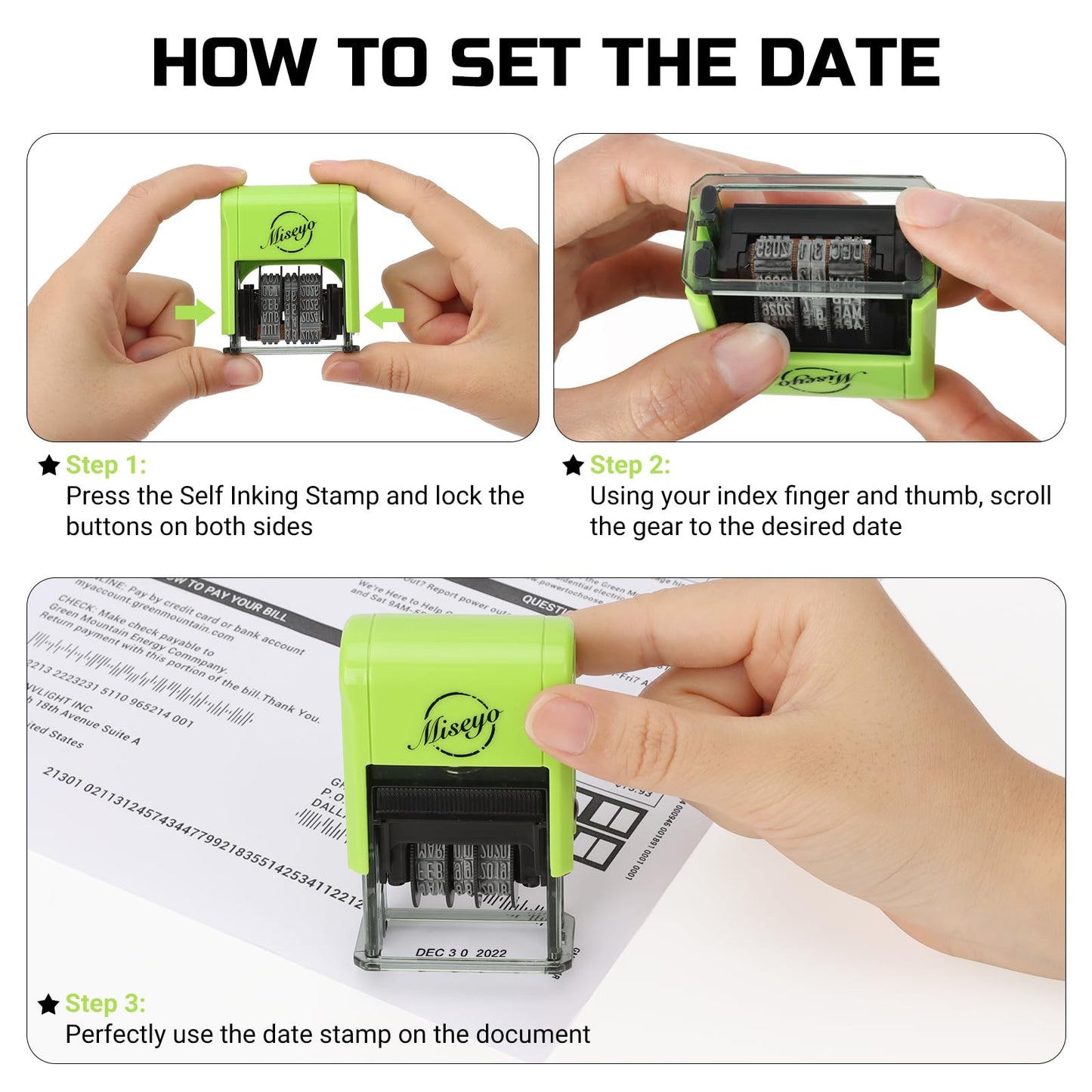 Miseyo Self Inking Date Stamp - Green (2 Black Refill Ink pad Included)
