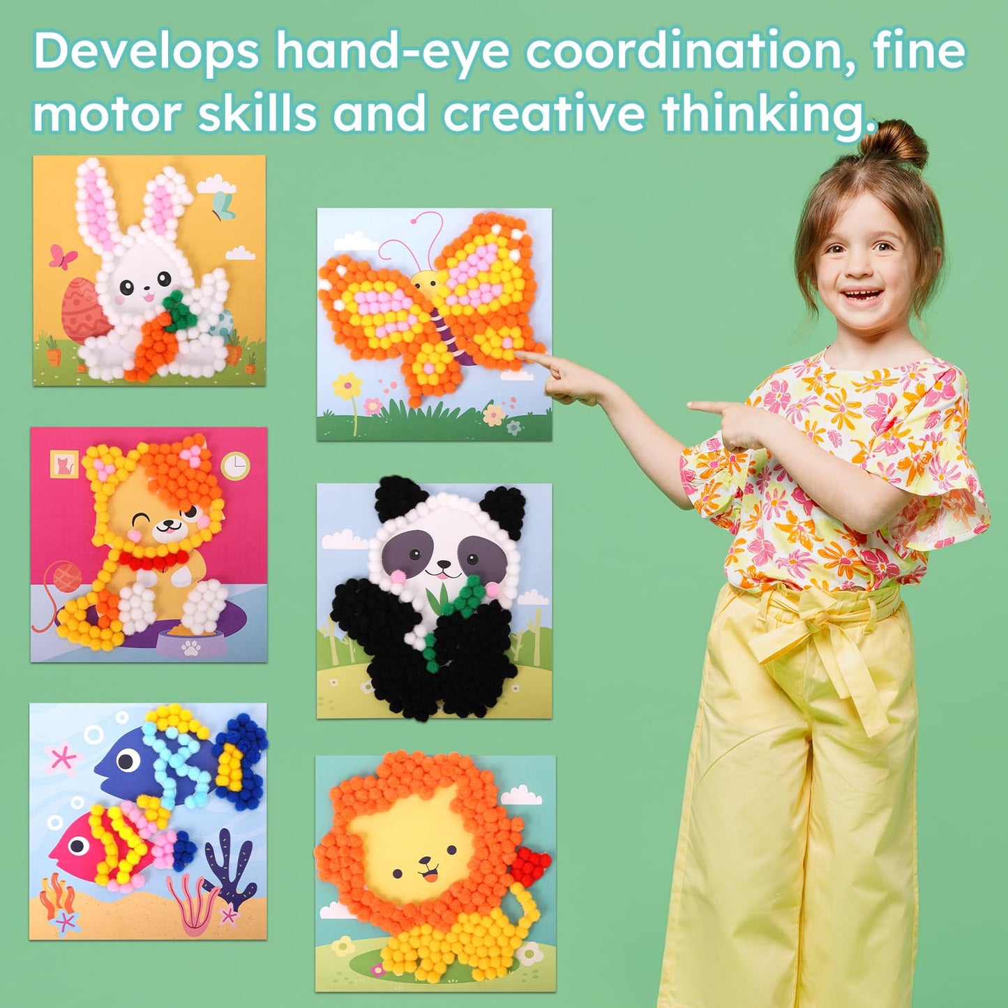 iCraftine Pom Poms Craft Kit for Building Fine Motor Skills & Hand-Eye Coordination, 6 Patterns Pompoms Arts & Crafts Sets for Kids Ages 5+