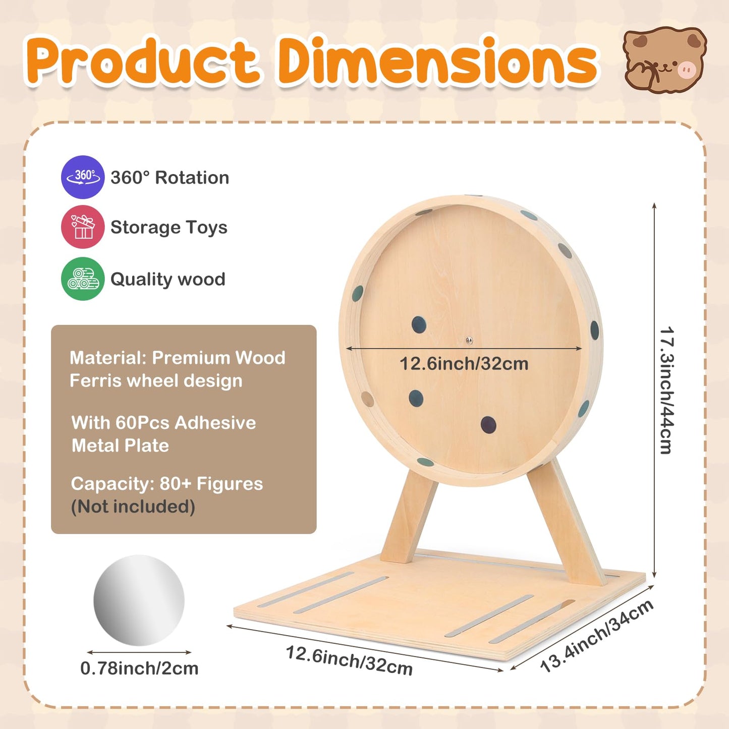Taladad DIY Ferris Wheel Organizer for Tonie Figures, Holds 80+, 360° Rotating Wooden Shelf Compatible with Tonie Box 2&1 Player, Includes 60 Metal Plates for Custom Storage, Kid's Room Decor