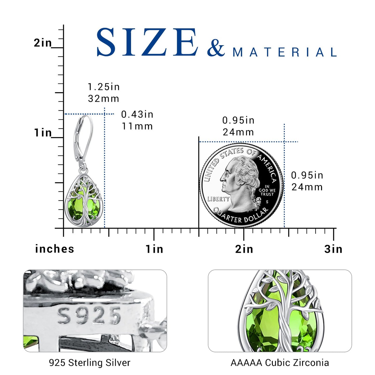Eusense Teardrop Dangle Peridot Earrings 925 Sterling Silver Tree of Life August Birthstone Jewelry Leverback Drop Tree of Life Earrings for Women Gift