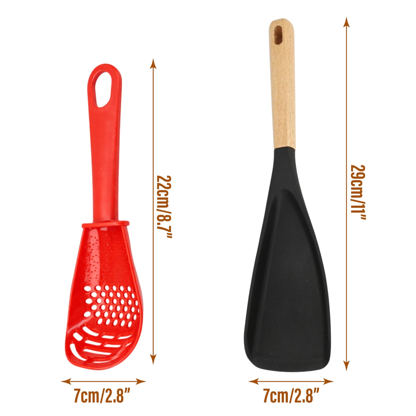 2 Pieces Multi Function Spoon Spatula Set, Multifunctional Kitchen Utensils, 6 in 1 Silicone Slotted Spoonula with Wood Handle, Non Stick Scratch Heat Resistant Design Cookware for Serving & Stirring