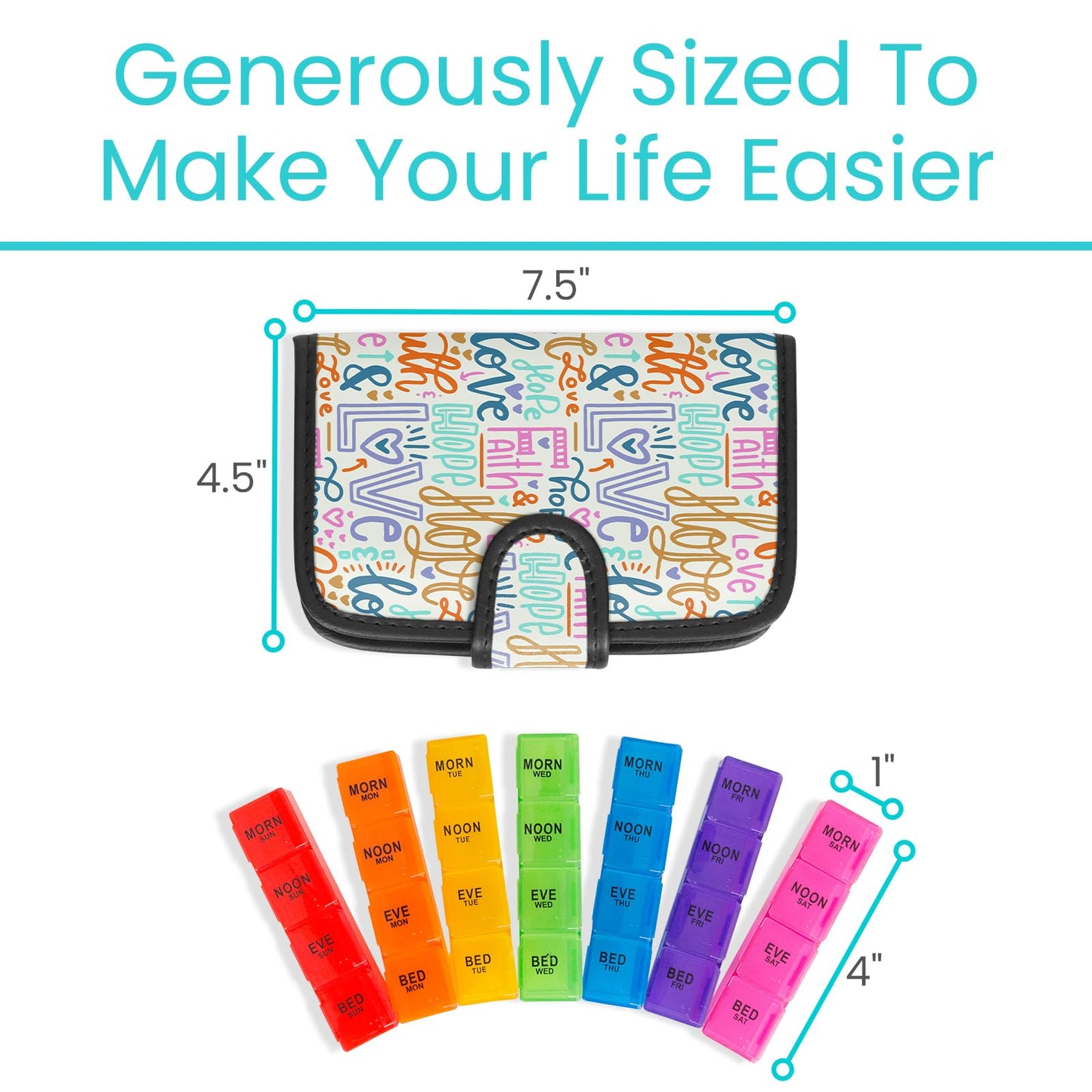 Vive Weekly Pill Organizer 4 Times a Day - 7 Days Pill Boxes for Morning, Noon, Evening, Night - Extra Large Medicine, Vitamin & Supplement Dispenser with Premium Leather Case