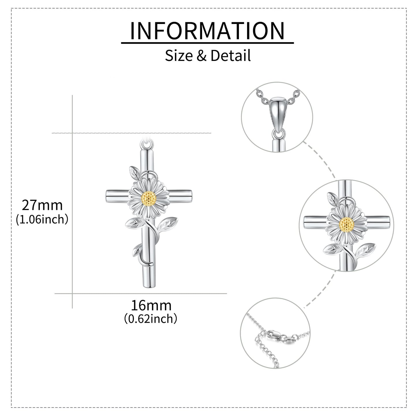 JERWLI Daisy Necklace 925 Sterling Silver Daisy Cross Pendant Necklace April Birth Flower Jewelry for Women