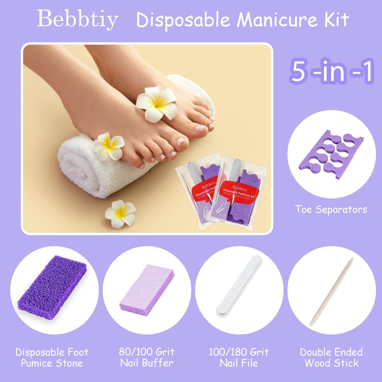 Disposable Pedicure Kit Sets, 5 in 1 Nail Salon Manicure Pedicure Kit Professional, Nail File, Pumice Pad, Mini Buffer, Toe Separator, Wood Stick, Individually Package (20, Count, 80/100 Grit)