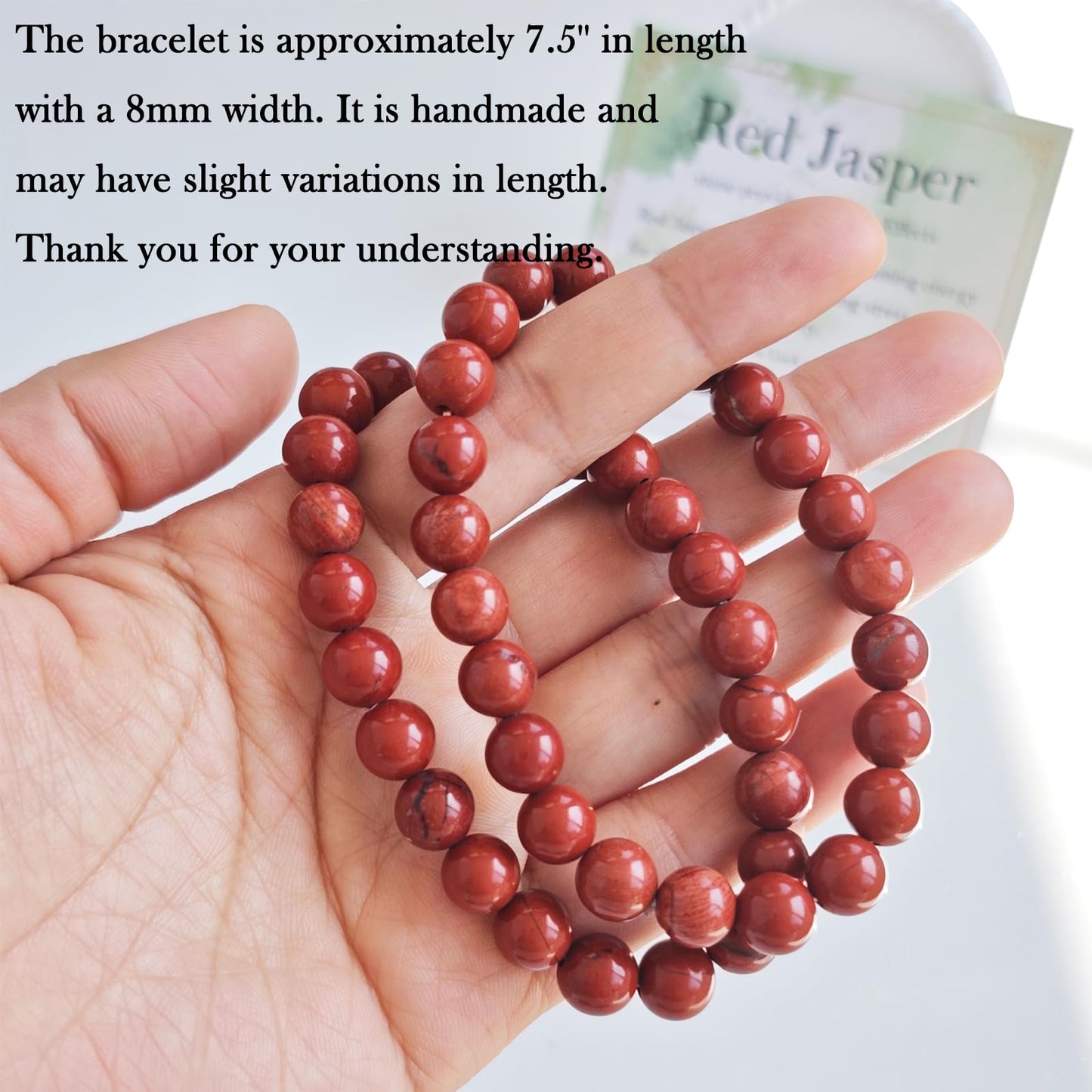 Handmade Natural Gemstone Elastic Bracelet - Healing Crystal Beads Jewelry, Unisex (Red Jasper, 8mm)
