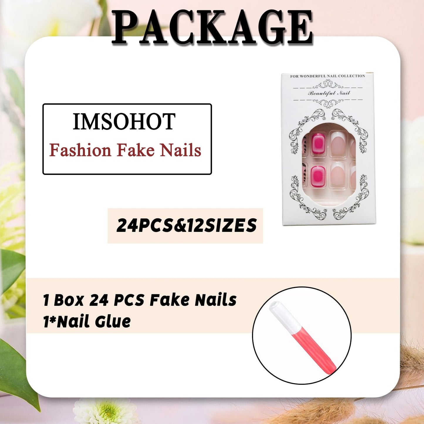 IMSOHOT Press on Nails Short Square Fake Nails Pink Ombre & Black White Pattern False Nails Cute Acrylic Nail Supplies Y2K Squoval Glossy Full Cover Stick on Nails for Women Girls