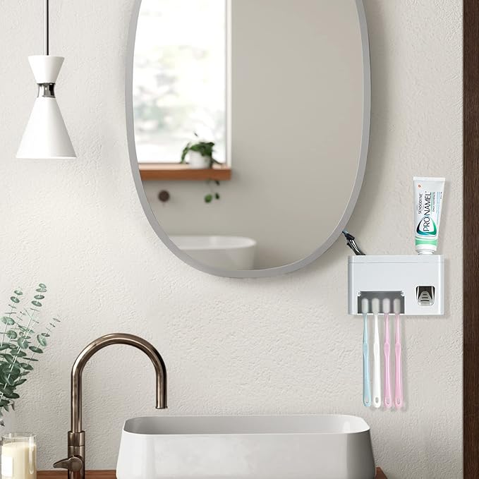 LUEXBOX Self Adhesive Toothbrush Holders Wall Mounted, Multifunction Toothpaste Stand with Covers, Automatic Toothpaste Dispenser for Bathroom, Toothbrush Hanger Rack for Dorm, Cabinet