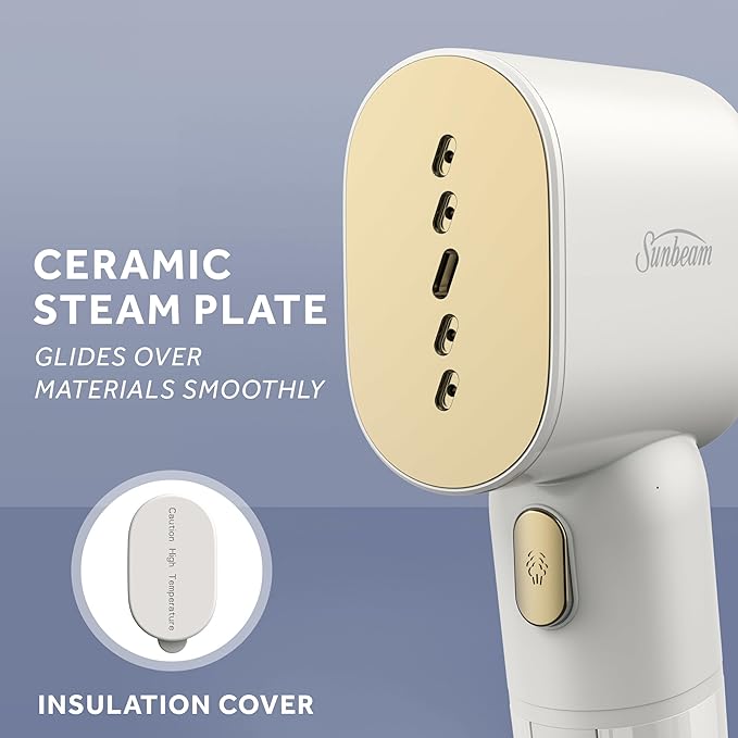 Sunbeam MiniPower 1000W Portable Garment Steamer – Nonstick Steam Plate, 125mL Tank, 8 Minutes Continuous Steam, Horizontal & Vertical Steam, 30-Second Heat-Up, 3-Year Limited Warranty