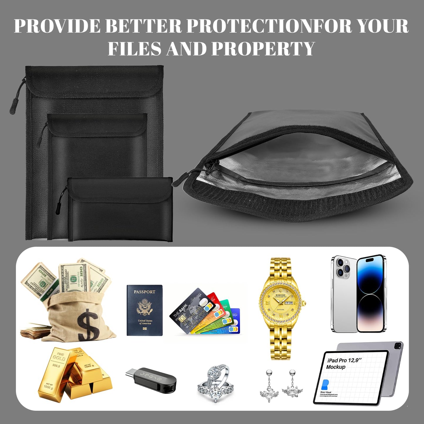 Lihengkong Fireproof Waterproof Document Bag 3-Pack Black 2000℉ Money Bag for Cash Passports ID Cards Social Security Card Protector Waterproof Zipper Pouch Fire Proof Bank Bag Document Holder