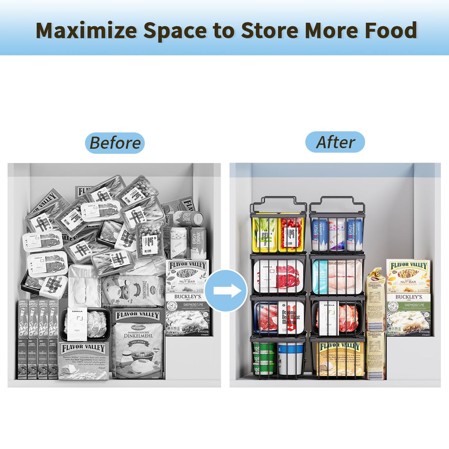 4 Pack Freezer Organizer Bins(14.6‘’L X 7.1‘’W X 5.2‘’H) Suitable for 5-7 Cu.Ft Chest Freezer Sort Frozen Meats | Stackablet Chest Freezer Organizer Bins Get Food Easily w/Handle, Gifts Ideas for Mom