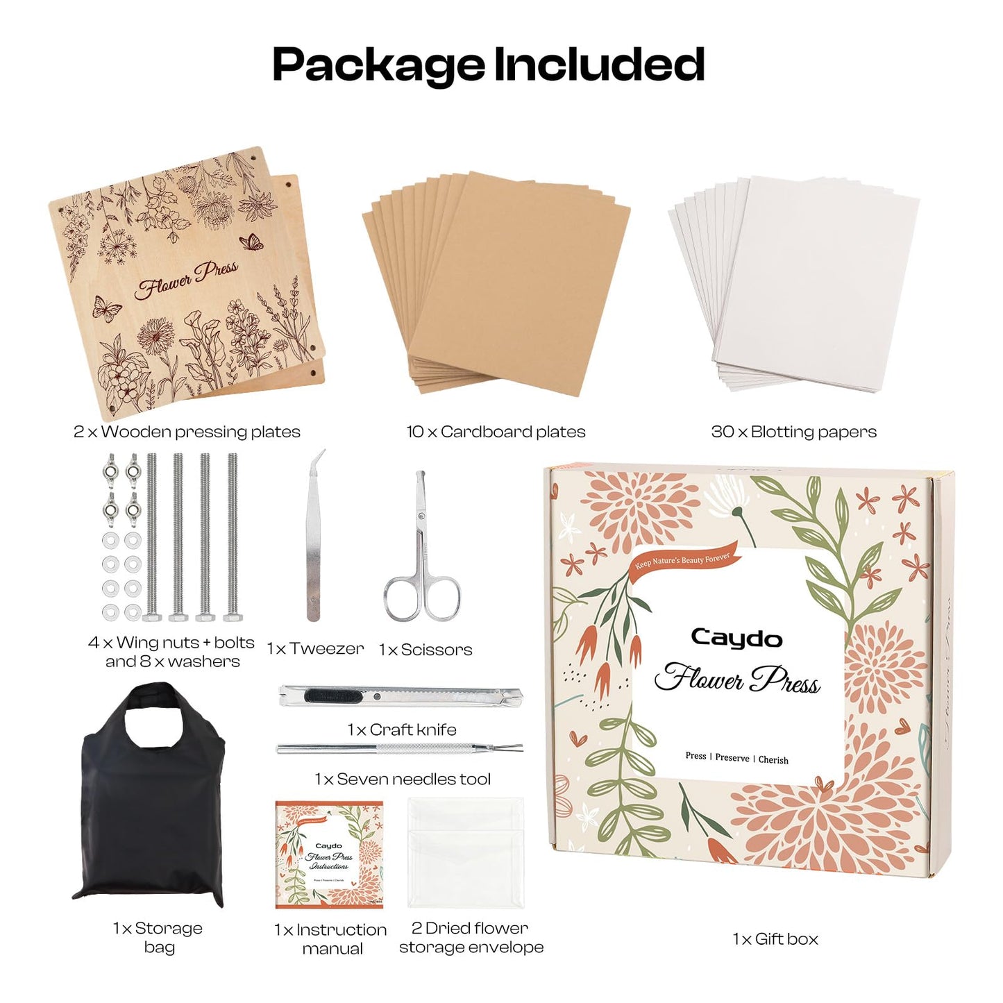 Caydo Large Flower Press Kit for Adults & Teens, 11"x11" 10 Layers Flower Pressing Kit for Pressed Flowers, Herbs & Leaves, Flowers Bouquet Preservation Kit for Bookmarks, Wedding and Craft Projects