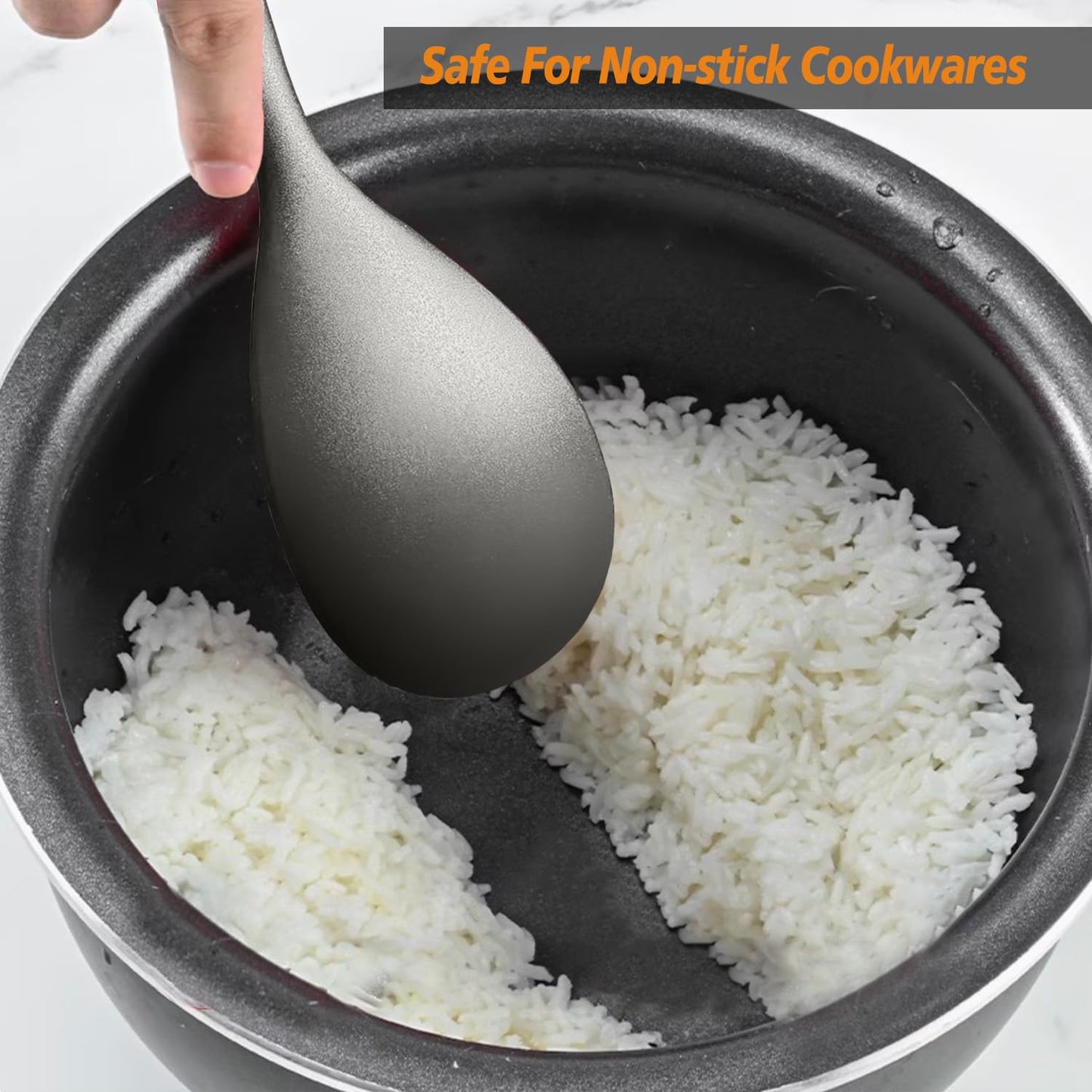 Cooking Spoon and Rice Scooper Set for Nonstick Cookwares, Heat Resistant- Seamless Design, Great for Cooking, Serving, Mixing, Scoop, and Scrape,2 Pack, Black