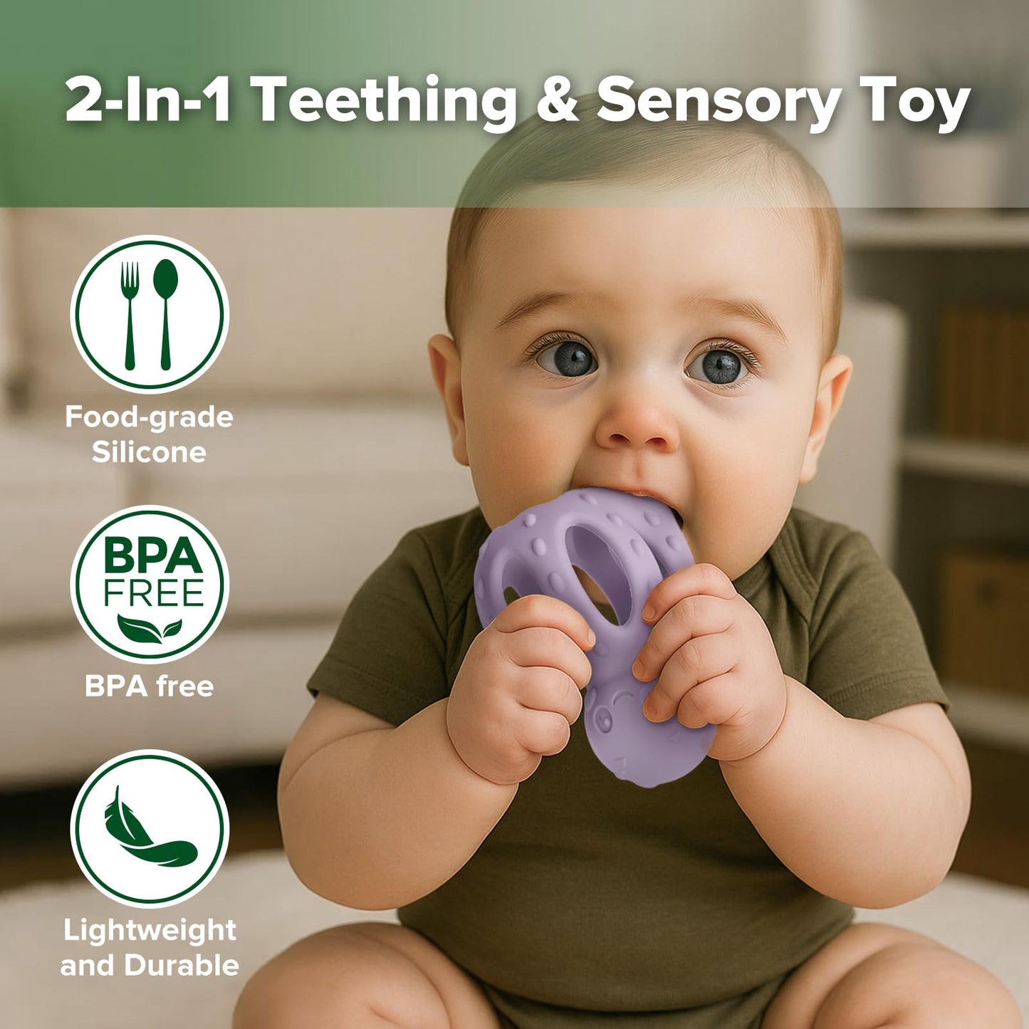 haakaa Octopus Rattle Teether,2-in-1 Baby Teething Toy with Gentle Rattle,Soft Textured Teether for Sore Gums,Easy to Grasp Sensory Toy for Babies 3M+,Lavender