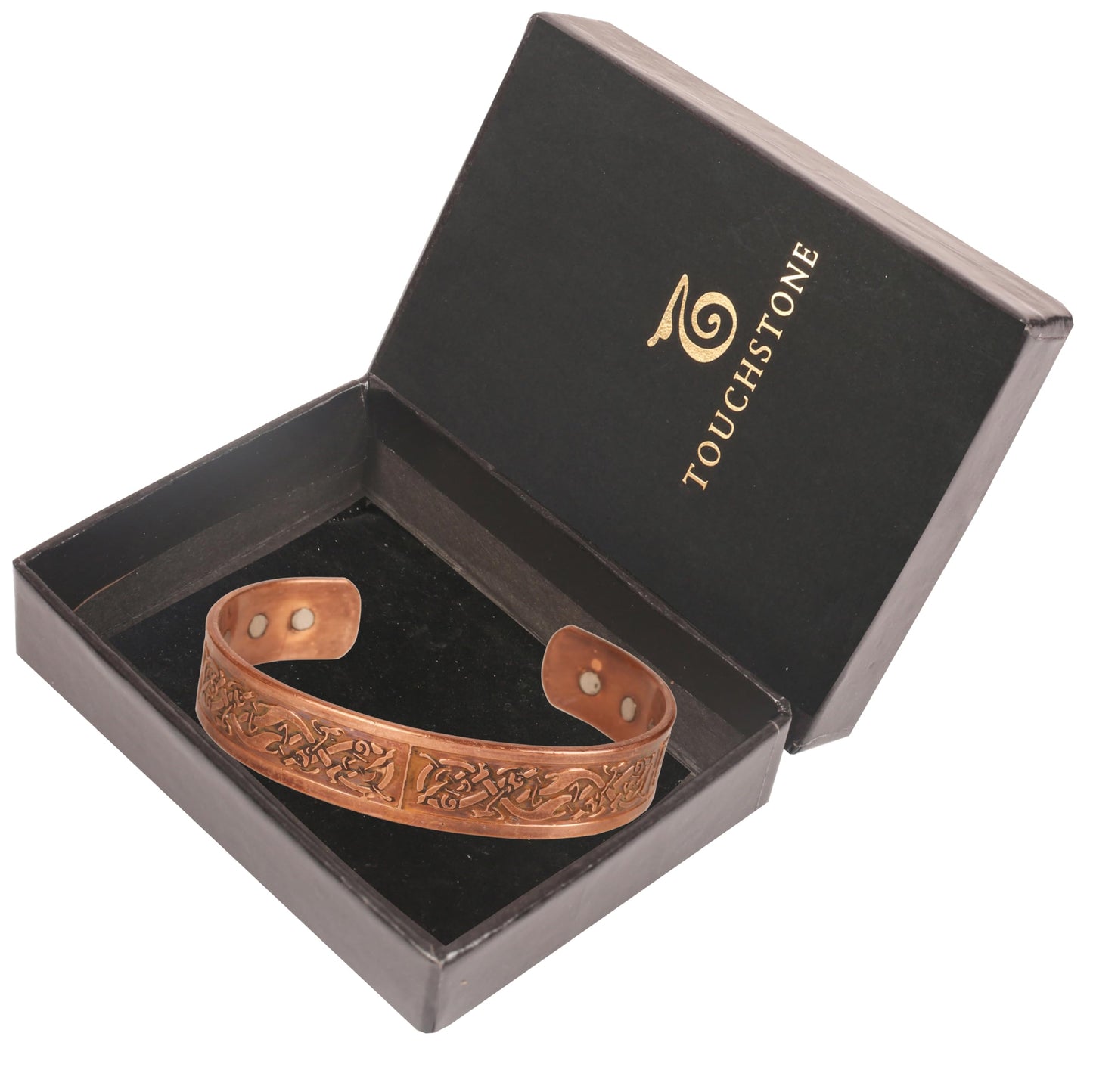 Touchstone handcrafted magnetic copper bracelet. Hand forged with solid and high gauge Tibetan style engraved cuff pure copper jewelry for women men. Exclusive Celtic Design.
