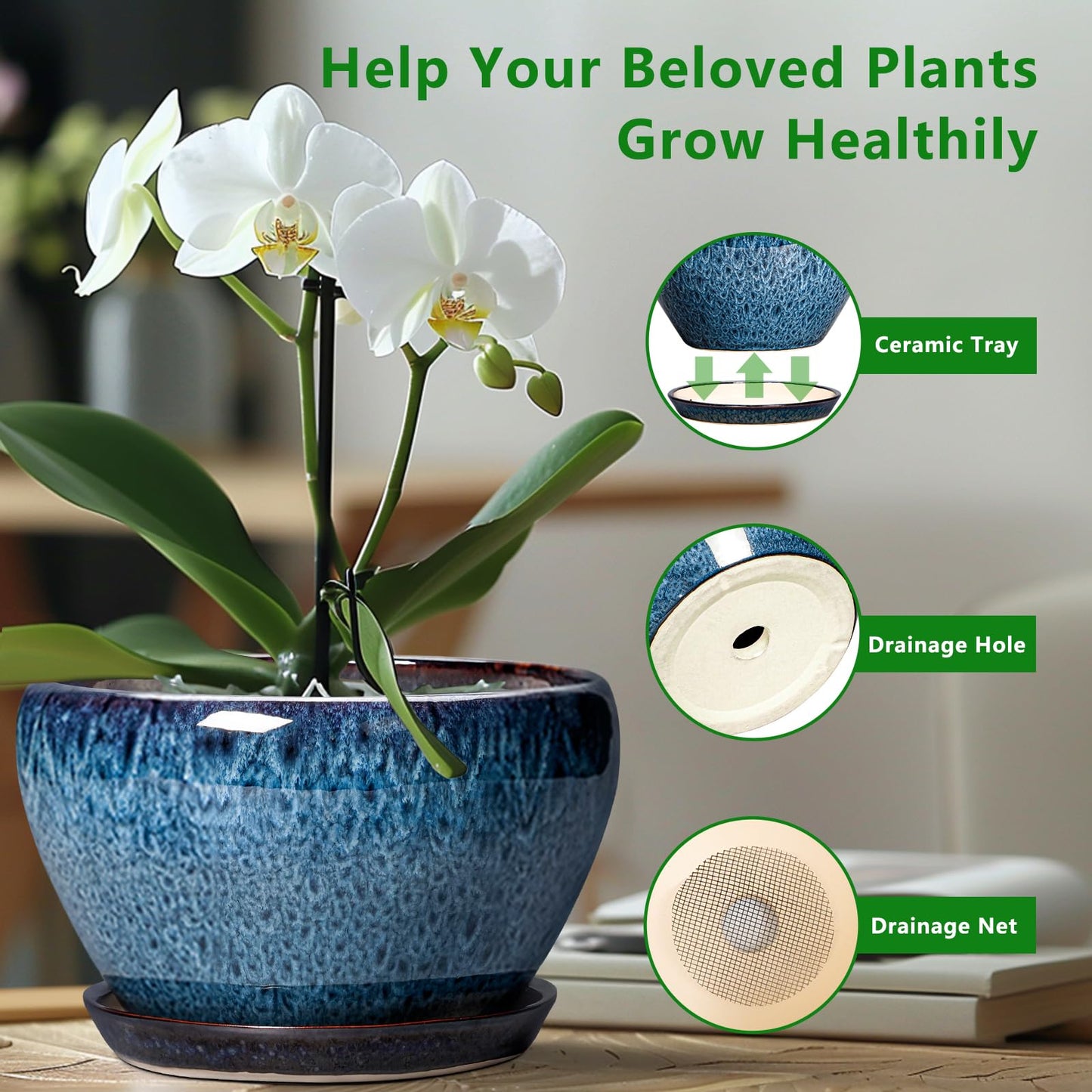 Ceramicfor Ceramic Planter 11 Inch - Ceramic Pots for Plants Indoor Outdoor, Large Plant Pot with Drainage Hole and Saucer, Decorative Round Planter, Plant Lover Gifts, Garden Decor, Blue