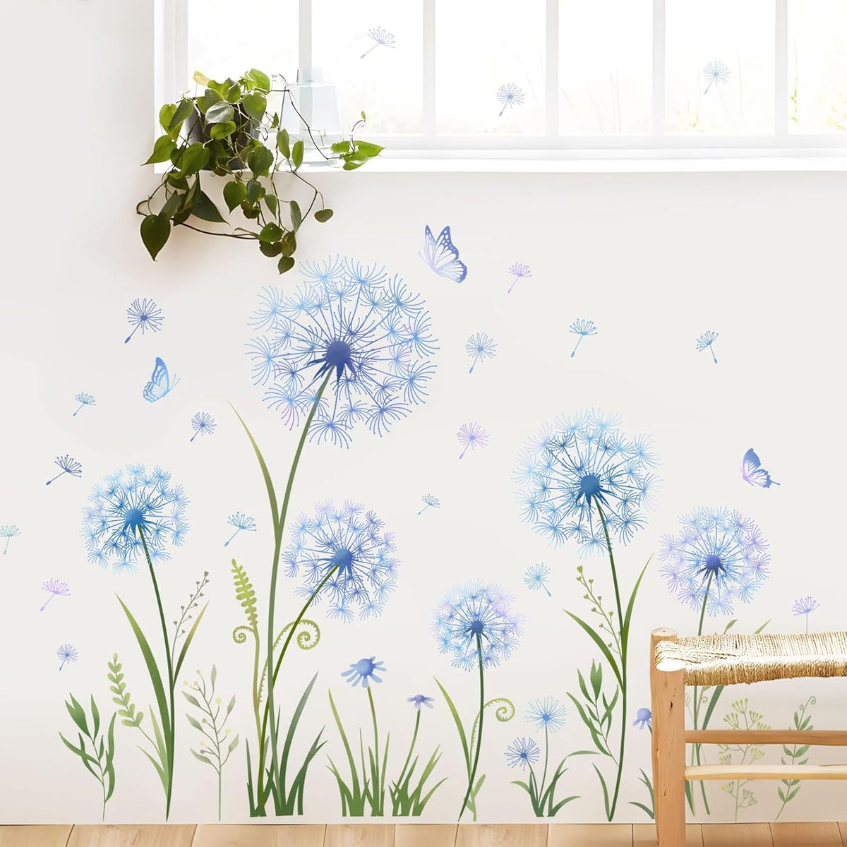 Dandelion Flower Butterfly Wall Decals Blue Dandelion Plants Floral Wall Stickers Peel and Stick Vinyl Wall Art Decor for Living Room Bedroom Office TV Sofa Backdrop Home Decor Gifts for Mom
