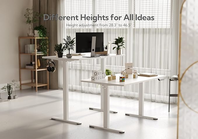 Claiks Electric Height Adjustable Stand Up Desk, 35x20 Inches Sit Stand Desk for Home Office, White Top/White Frame