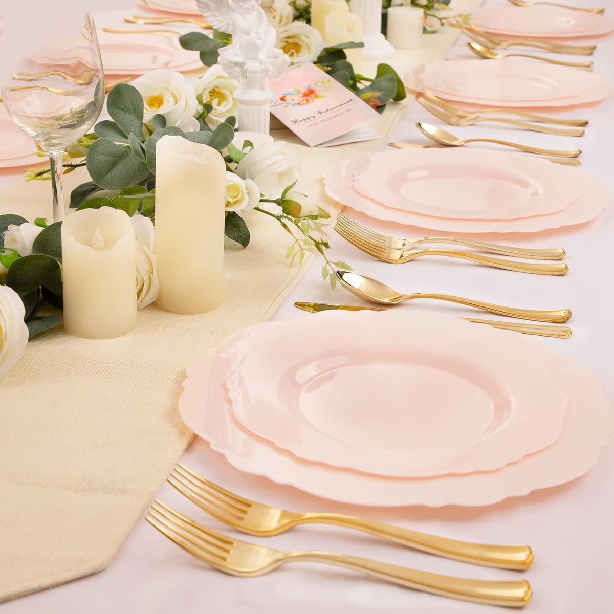 WDF 60pcs Pink Plastic Plates - Baroque Pink Disposable Plates Including 30 Dinner Plates 10.25inch, 30 Dessert Plates 7.5inch for Upscale Wedding &Parties