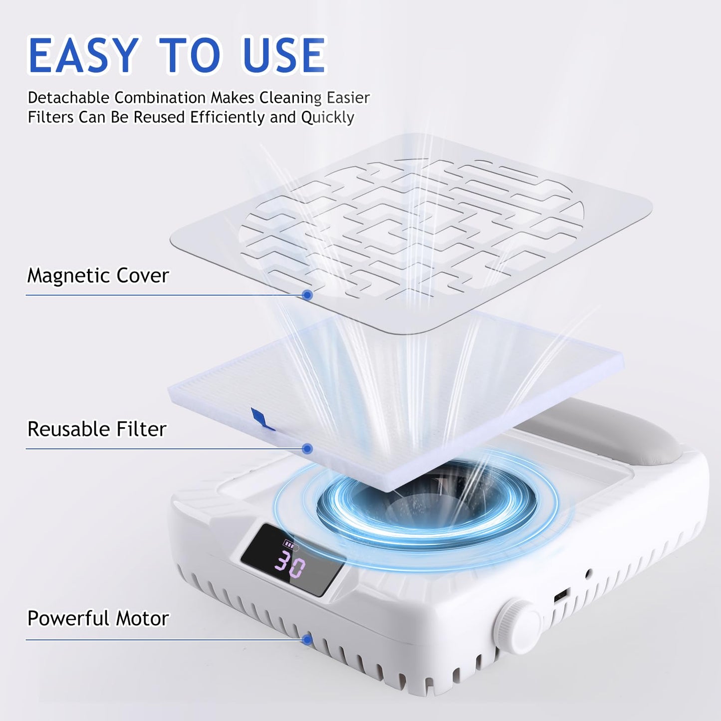 BOMOQING Rechargeable Nail Dust Collector, Professional Dust Collector Nail Tech with LED Display, Powerful Adjustable Nail Dust Cleaner Machine for Acrylic Nail Polishing & Salon use