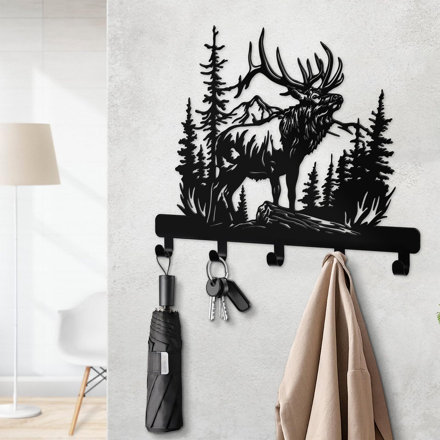 Hnatzu Deer Head Key Hanger Wall Mount-Rustic Metal Wall Hook with Mountain Forest Scene, Functional Deer Wall Decor for Entryway, Cabin, Hunting Lodge