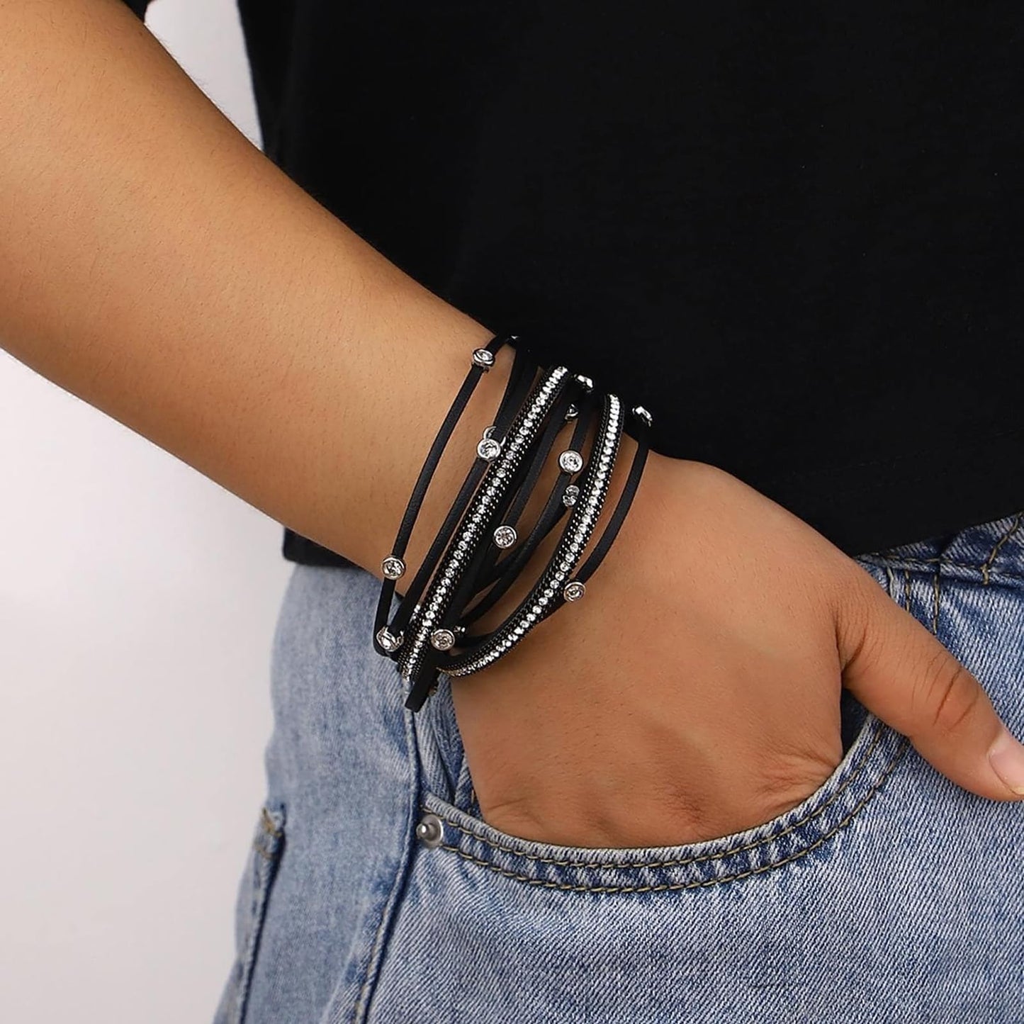 Leopard Bracelet for Women, Boho Leather Wrap Multi-Layer Pearl Crystal Bracelet Bangle Jewelry(Rhinestone(Black))